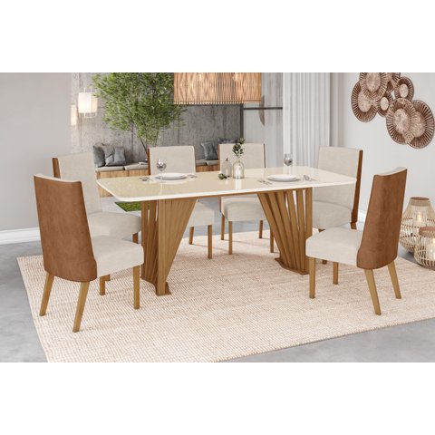 Mesa de Jantar Adriana 200 C. Vidro 8 Cad. Anne Caramelo/linho - Henn