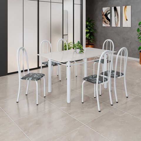 Conjunto de Mesa Tubular 140cm x 75cm Tampo em Vidro com 6 Cadeiras Iris B Branco/Preto