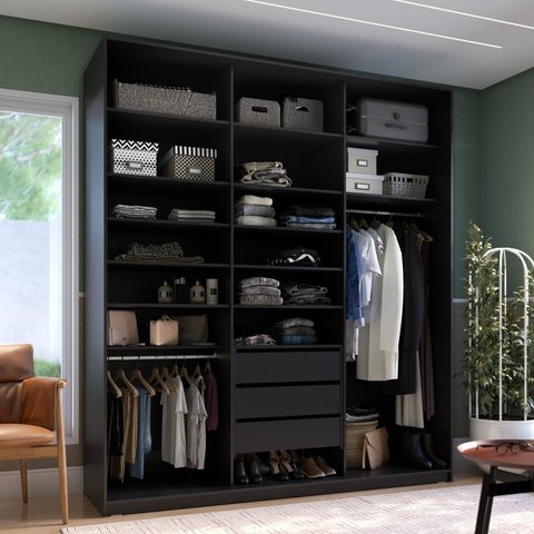 Closet Casal 100% MDF BP 208,5cm 3 Gavetas Sion Preto