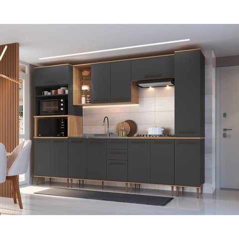 Cozinha Modulada Isabelle 6 Peças com Torre Quente para 2 Fornos Marrom/Freijó/Grafite