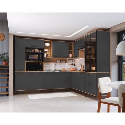 Cozinha Modulada Completa 10 Peças Isabelle com Paneleiro Torre Quente e Cristaleira Freijó/Cinza Grafite
