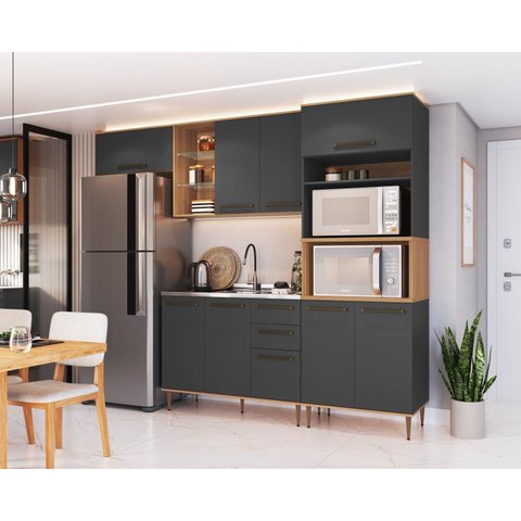 Cozinha Modulada Compacta Isabelle 4 Peças com Torre Quente para 2 Fornos Cinza/Freijo/Grafite
