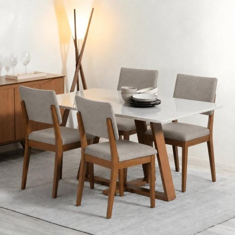 Conjunto Jantar Mesa 1,35 c/Vidro Avena 4 Cadeiras New Ella - Linho Mescla Cinza