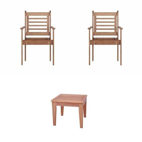 Conjunto 2 Poltronas Empilháveis e Mesa de Centro Madeira Maciça Marrom