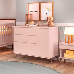 Cômoda Melinda 3 Gavetas e Portas Rosê com Pés