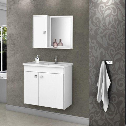 Jogo de Gabinete e Espelheira para Banheiro Lumara 3 Portas MDF 56cm Branco Oft Móveis
