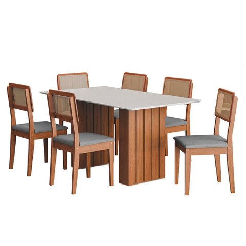 Conjunto de Mesa Sala de Jantar Ripada Tampo com Vidro 1,60m 6 Cadeiras Santiago Dobuê