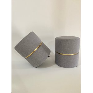 Puff Linho Cinza Escuro Cinta Dourada Kit 2 Ego Decor