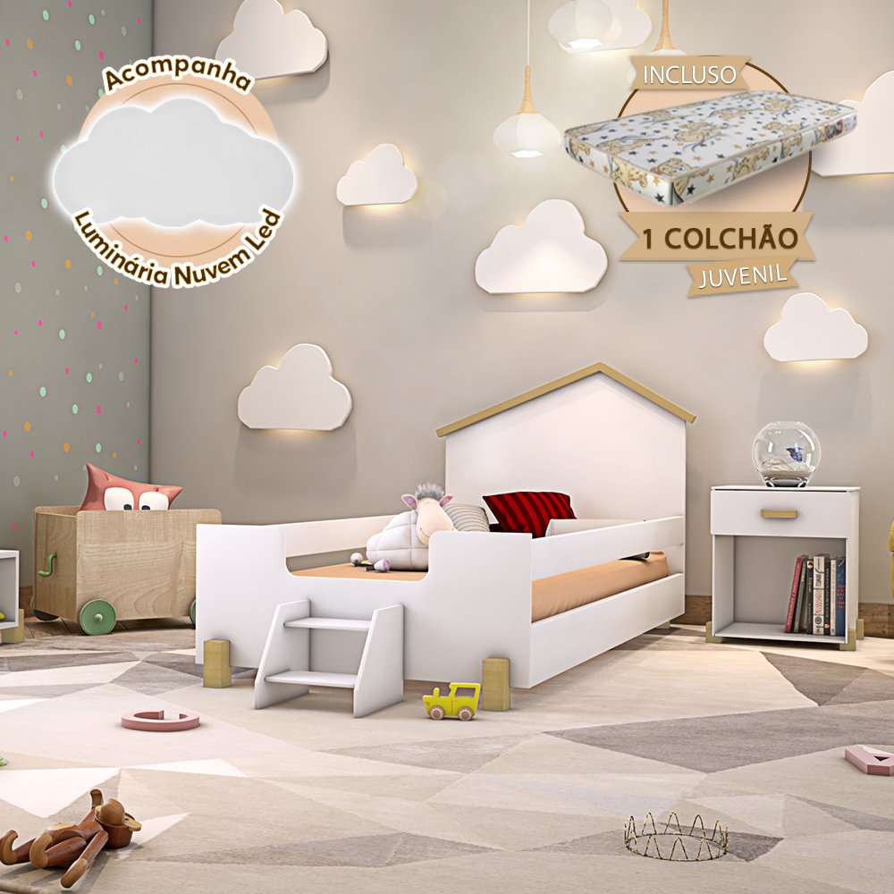 Cama Infantil Montessoriana com Colchão e Escadinha Juvenil Ayla Branca e Natural + Luminária LED