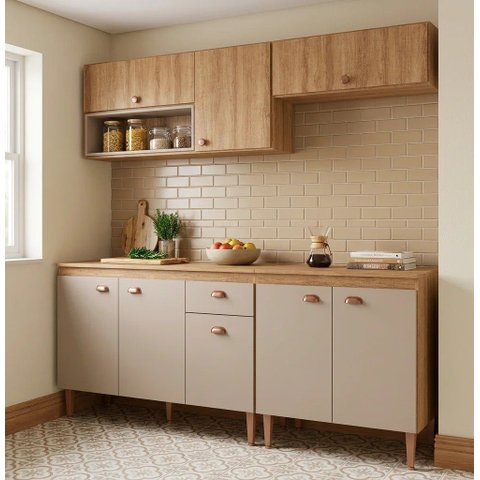 Cozinha Modulada Completa 4 Peças com 2 Armários Aéreos e Balcão para Pia Marti Yescasa Mel/Fendi Cinza