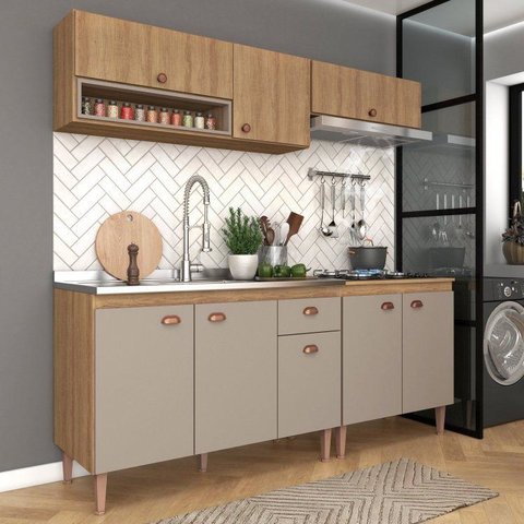 Cozinha Modulada Completa 4 Peças com 2 Armários Aéreos e Balcão para Pia Marti Yescasa Mel/Cinza