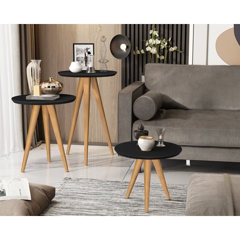 Kit 3 Mesas Lateral Apoio e Centro 40cm Pés Palito Preto - Comprar Moveis em Casa