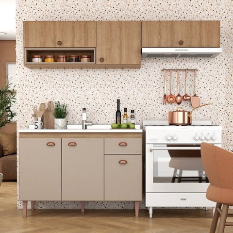 Cozinha Modulada 3 Peças com 2 Aéreos e Balcão para Pia Marti Yescasa Cinza/Mel