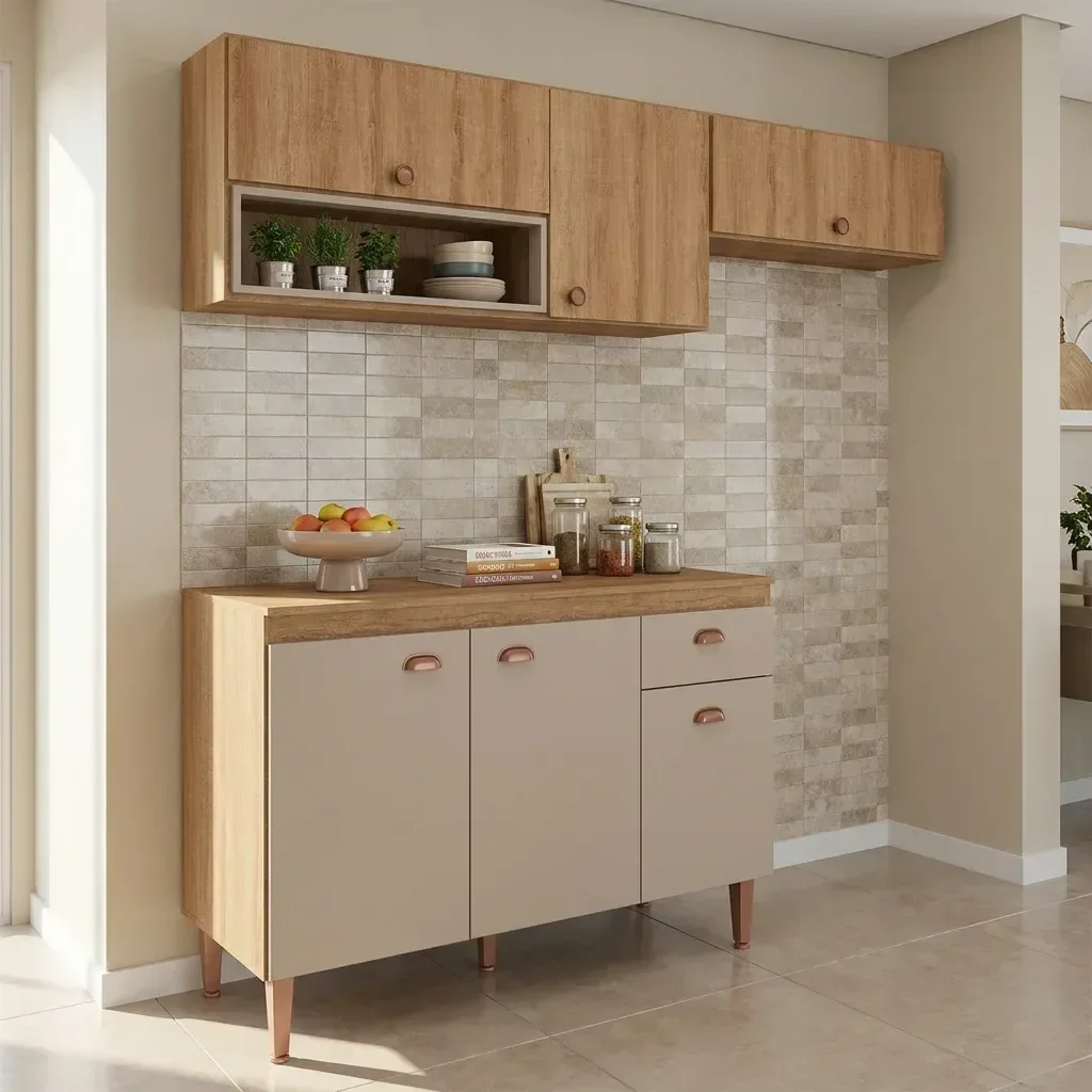 Cozinha Modulada 3 Peças com 2 Armários Aéreos e Balcão para Pia