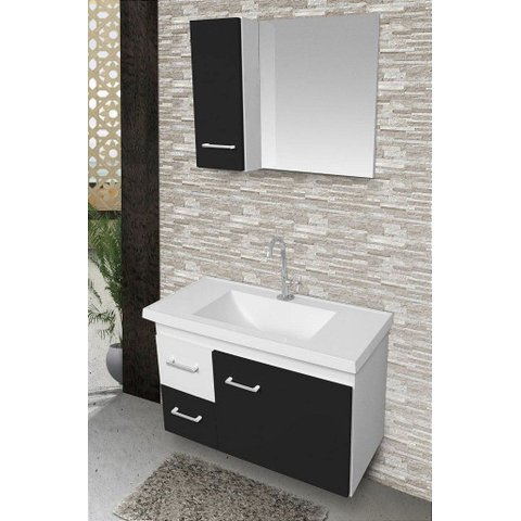 Kit Gabinete Cuba e Espelheira 74cm para Banheiro 100% Mdf:branco/preto