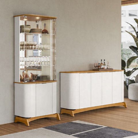 Kit Aparador Buffet com Cristaleira para Sala de Jantar Verbena N01 Off White Ypê - Lyam Decor