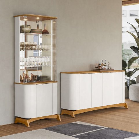 Kit Aparador Buffet com Cristaleira para Sala de Jantar Verbena N01 Off White Ypê - Lyam Decor