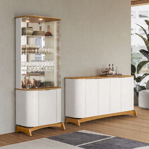Kit Aparador Buffet com Cristaleira para Sala de Jantar Verbena N01 Off White Ypê - Lyam Decor