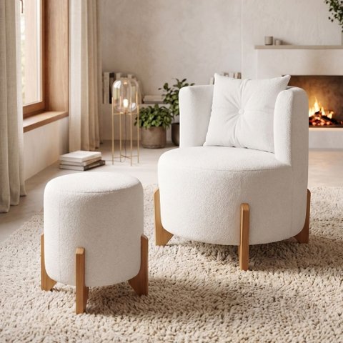 Kit Poltrona e Puff Luna Decorativa Curvo Orgânico Boucle Branco - Montanaris Decor