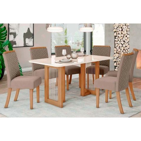 Conjunto: Mesa de Cozinha Yara C/ Tampo Madeirado C/ Vidro Reto 160x90cm e 6 Cadeiras Malu Nature/