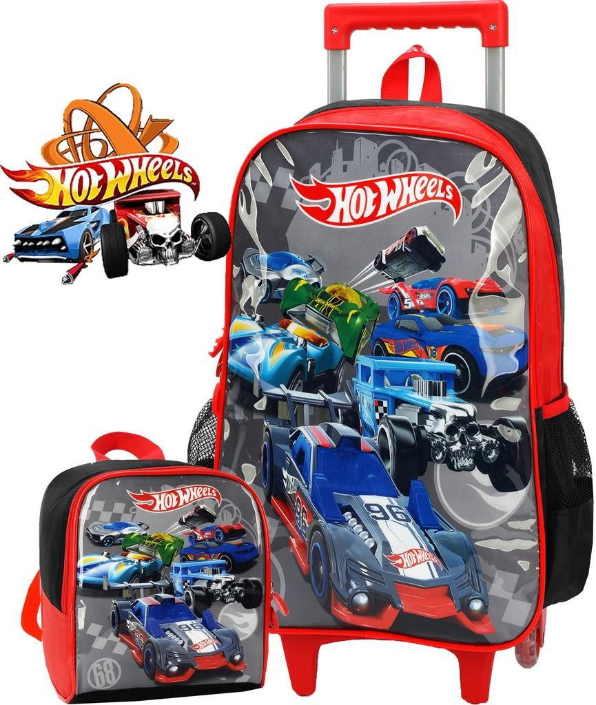 Kit Mochila Escolar Menino Masculino Infantil Carrinho Hot Wheels Impermeável + Lancheira Térmica Co - 1