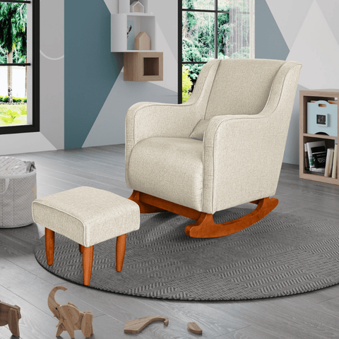 Poltrona Amamentação C / Balanço Cadeira Descanso Aquila com Puff Linho Bege