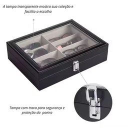 Maleta Porta 8 Oculos Estojo Caixa Organizadora Maquiagem Acessorios em Madeira e Couro com Visor de - 7