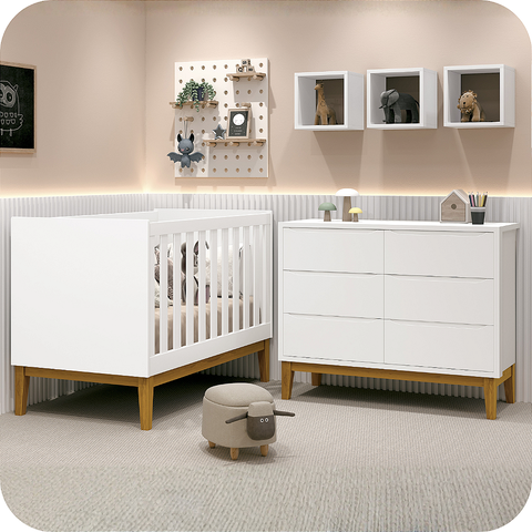 Quarto de Bebê Berço Flip + Cômoda Infantil 6 Gavetas Classic Branco Fosco