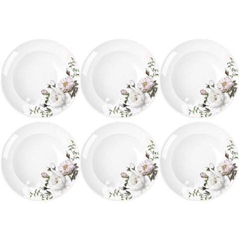 Jogo 6 Pratos de Porcelana com Estampa Floral Germer Fundos Redondos 23cm Garden