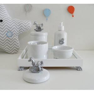 Kit Higiene Porcelana Bebê Banho Cuidado Quarto Meninos Maternidade K014 Cavalo - Prata