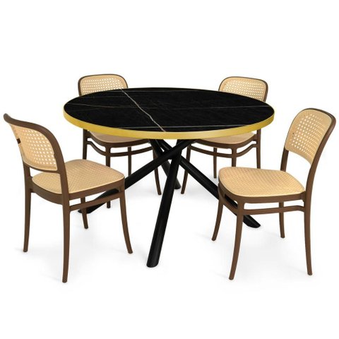 Conjunto Mesa de Jantar Redonda Solaris Preta 120cm com 4 Cadeiras Roma - Marrom