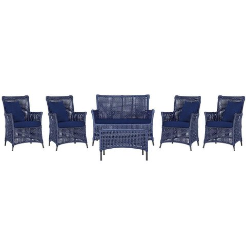 Jogo Sofá 4 Poltronas e Mesa Igapó Preta E10 Trama Original Azul