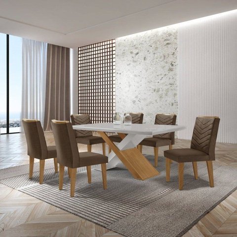 Mesa Valentina 180 Tampo MDF Canto Reto com 6 Cadeiras Monique Marrom/Off White/Imbuia