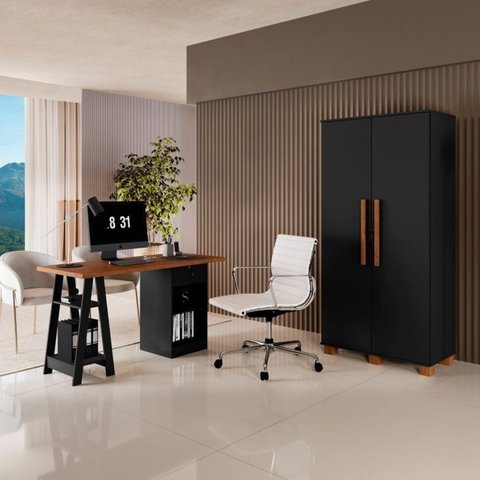 Conjunto 2 Peças com Escrivaninha Cavalete e Armário Multiuso 100% MDF com Chave Preto Canela