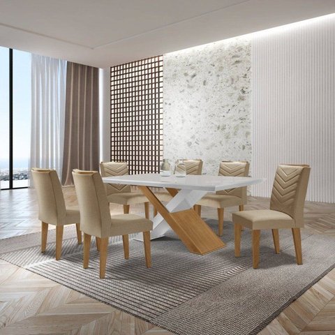 Mesa Valentina 180 Tampo MDF Canto Reto com 6 Cadeiras Monique Marrom/Turim/Off White/Imbuia