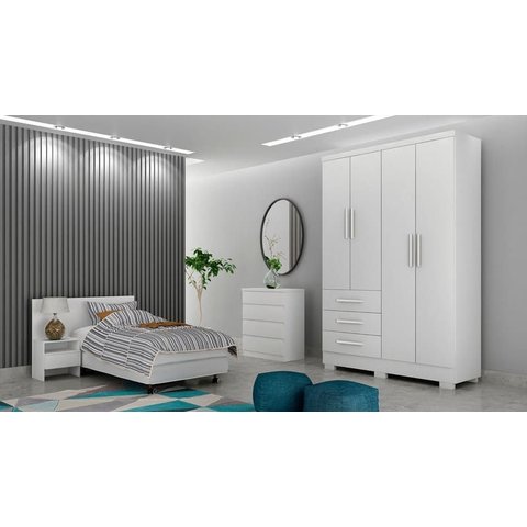 Guarda Roupa Solteiro com Pés 4 Portas 3 Gavetas - Encant-branco - Móveis Novo Horizonte