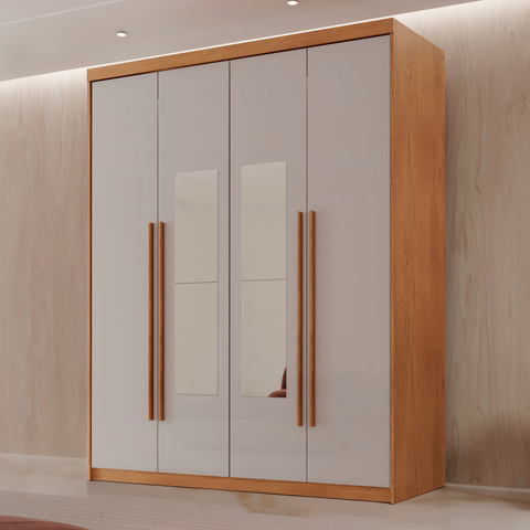 Guarda Roupa Solteiro 4 Portas 2 Gavetas com Espelho MDF Veracruz Off White/Marromle