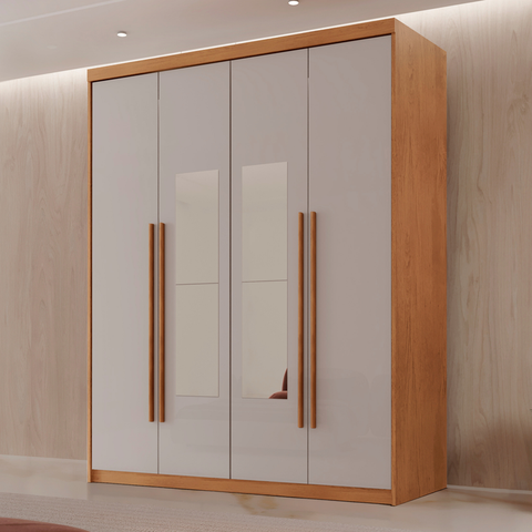 Guarda Roupa Solteiro 4 Portas 2 Gavetas com Espelho MDF Veracruz Off White/Marromle