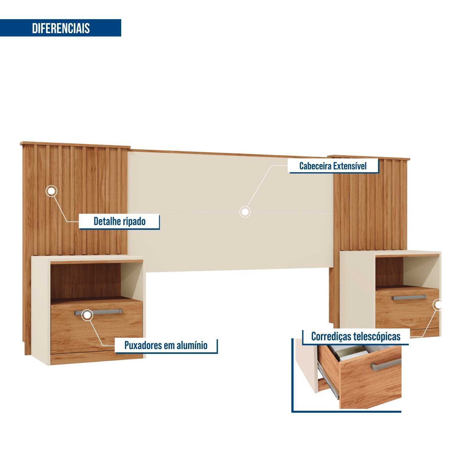Cabeceira Casal Extensível 2 Mesas com Gaveta Lucius - 6
