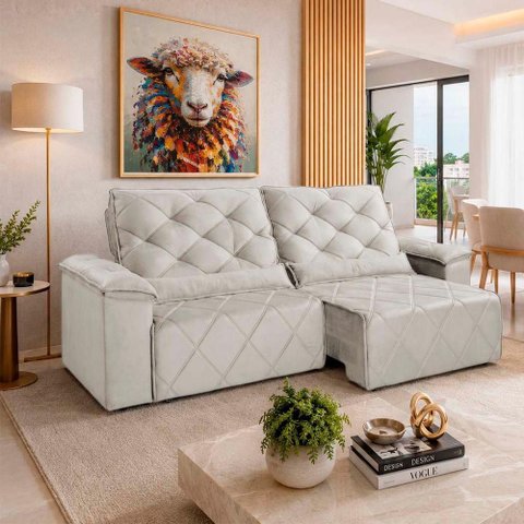 Sofá com Chaise Sirius 2 Lugares Retrátil e Reclinável 290cm Bege
