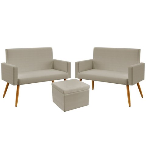 Kit 2 Poltronas Namoradeira Nina e Puff Quasar Courino Bege Aradecor