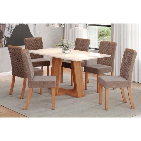 Conjunto: Mesa Sala Jantar Lins C/ Tampo Madeirado Reto 160x90cm e 6 Cadeiras Esther Nature/linho