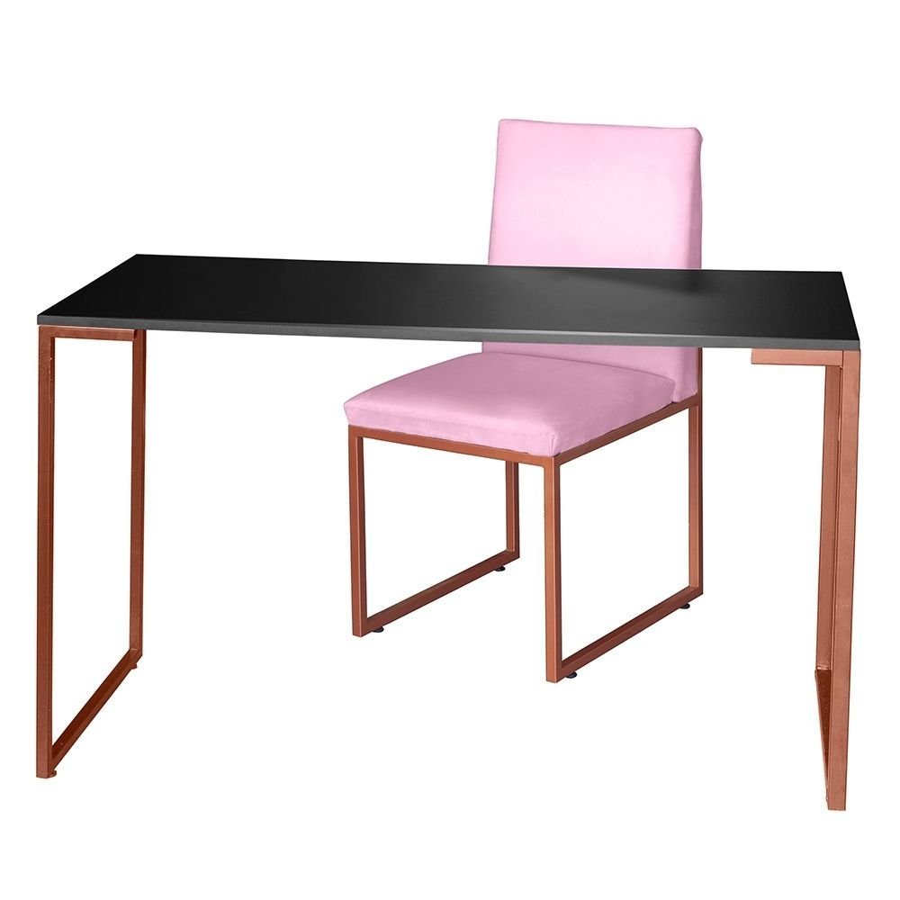 Kit Home Office Mesa Para Escritorio com Cadeira Garden Ferro Bronze Suede Rosa Bebê - Móveis