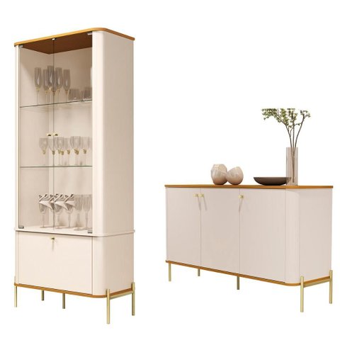 Conjunto Cristaleira e Aparador Buffet Tucupí com 3 Portas Off White/nature/dourado