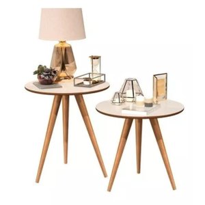 Kit 2 Mesinha Mesas Apoio e Lateral Redonda Off White/freijó