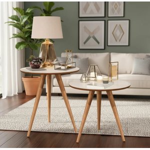 Kit 2 Mesinha Mesas Apoio e Lateral Redonda Off White/freijó