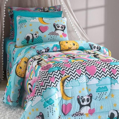 Edredom Solteiro Liverpool Kids Dupla Face Malha Estampada 3 Peças Love Panda