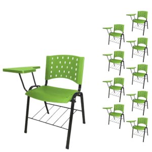 Kit 10 Cadeiras Plásticas Universitárias PRANCHETA PLÁSTICA com Porta Livros - Cor Verde - REALPLAST