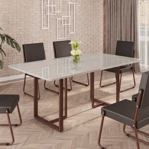 Mesa para Sala de Jantar Retangular 160x90cm MDF com Vidro Lunna Branco/Marrom/Off White