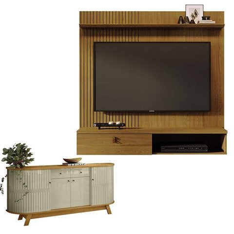 Estante Home Theater Suspenso Íris Cumaru com Aparador para Sala Buffet Mônaco Cumaru Opala - Madete